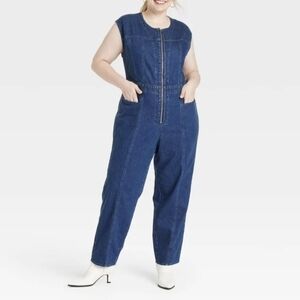 Universal Thread Jumpsuit Blue Denim Sleeveless Front Zipper  Women Size 16